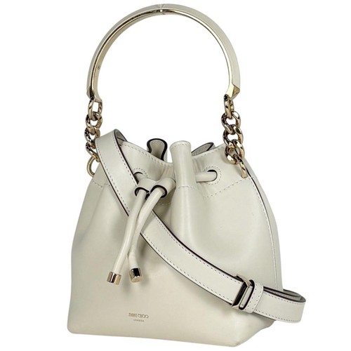 Jimmy Choo Logo 2WAY Drawstring Leather White Handbag #BS3666