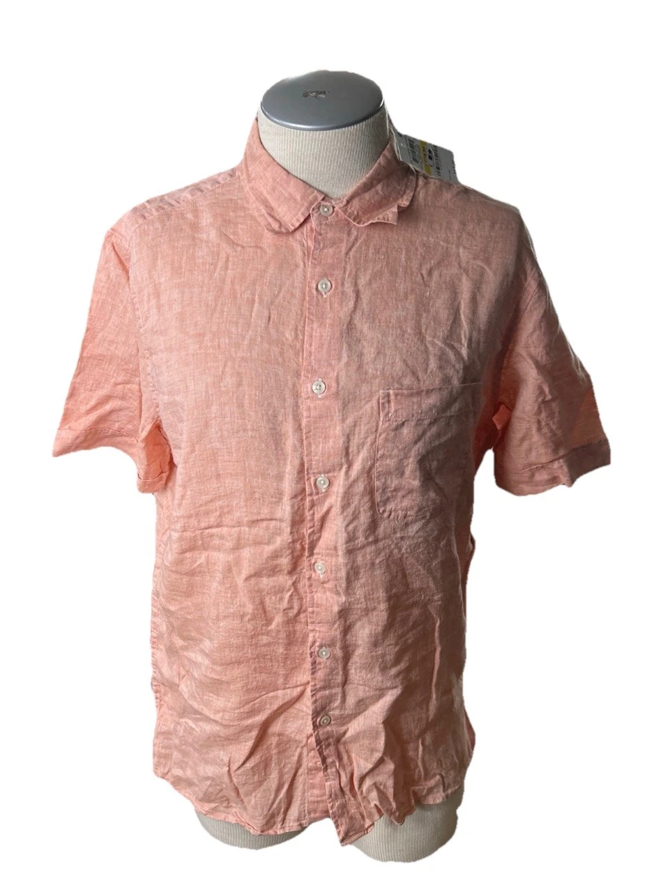 Tasso Elba Mens Shirt Medium Button Orange Linen Woven Short Sleeves
