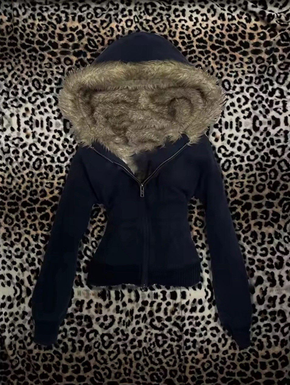 Black faux fur hooded zip-up jacket with fur trim