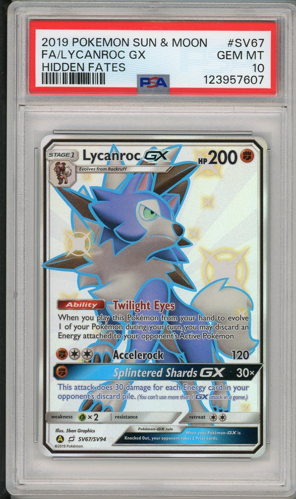 2019 Pokemon Sun & Moon Hidden Fates Lycanroc GX Full Art #SV67 PSA 10