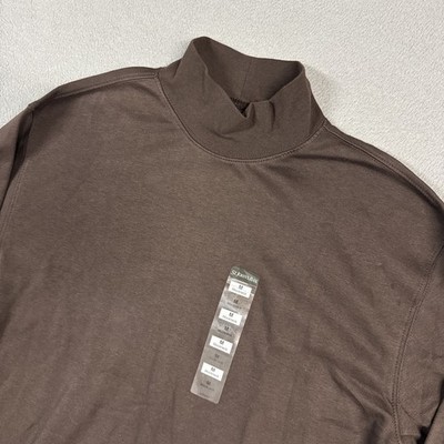 St Johns Bay Mock Neck Shirt Mens Medium Brown Long Sleeve Pullover Cotton NWT