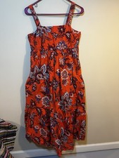 Orange Floral Cotton Smocked Sleeveless Midi Dress Square Neck Lightweight Women