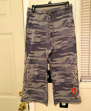 Johnny Was Gray Cropped Pants Gray/Blue Camo Drawstring Embroidered floral size