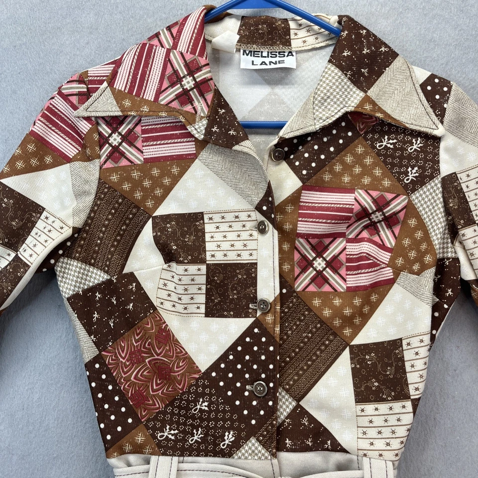 Vestido Melissa Lane Bronceado Patchwork Una Pieza Botón De Colección Años 70 Hippie Boho S/M Foto 2 de 4