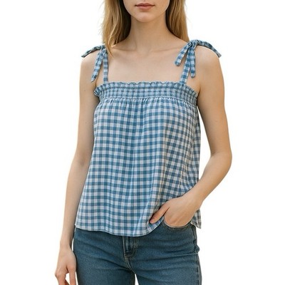 Draper James Tank Top Size Large Smocked Peasant Gingham Plaid Blue Tie Strap