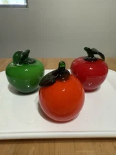 Vintage Hand Blown Art Glass Fruits and Vegetables 2 Apples 1 Orange