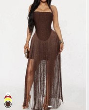 Fashion Nova Brown Glitter Fringe Halter Bandage Maxi Dress Women 1X Plus