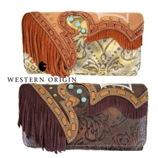 Western Fringe Embossed Crossbody Wallet Country Women Wristlet Trifold Clutch