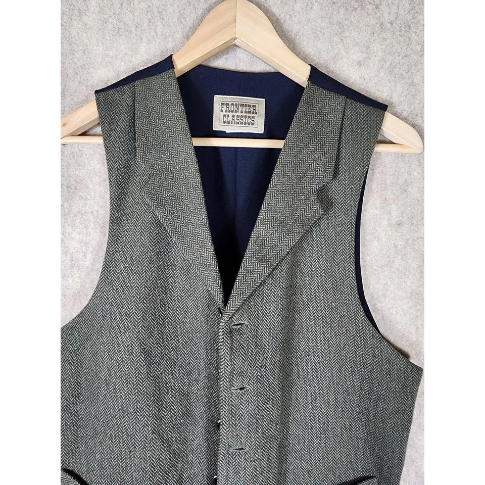 Chaleco FRONTIER CLASSICS Para Hombre Gris Vestido Occidental Muesca Solapa Mezcla Algodón Talla S Foto 4 de 4
