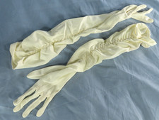NEW Vintage HANSEN IVORY NYLON KNIT GLOVES Elbow Length SHIRRED/RUCHED ARMS