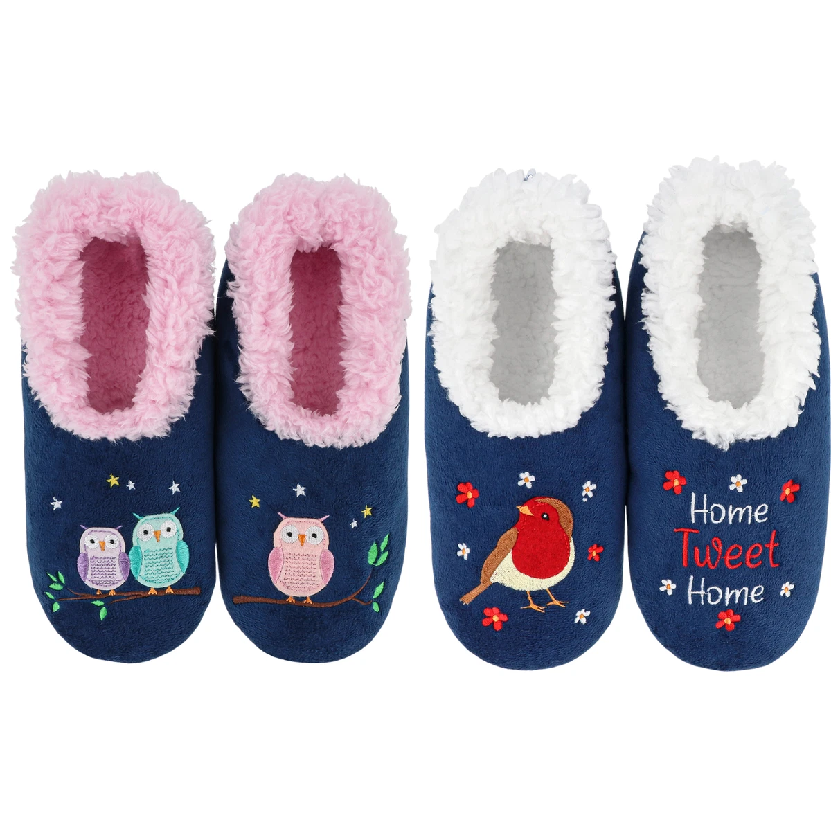 Snoozies! Pairables Superzachte sherpa-fleece sloffen voor dames, antislip zool, damespantoffels - Peak a Boo Cat Design - maten 3-7, Blauw, Large