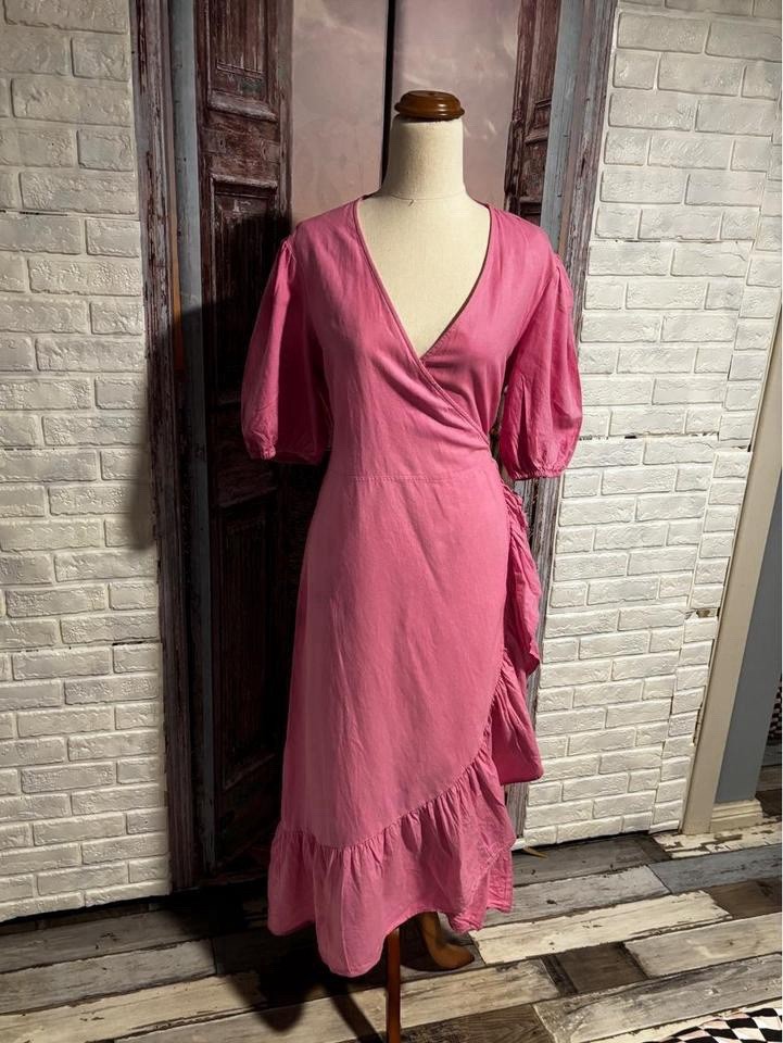 Sportsgirl Pink Wrap Midi Dress 12 V-Neck 3/4 Puff Sleeve Ruffle Tie Linen