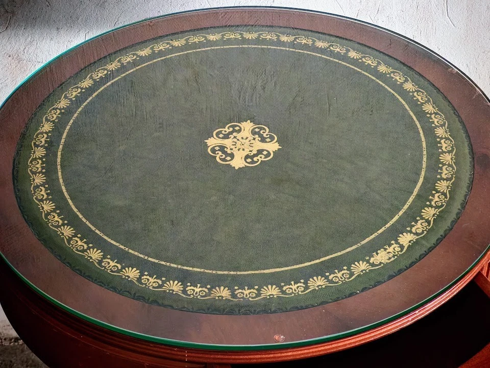 Antique Guéridon rond sur roulettes travail style anglais 3 tiroirs H. 64cm 50cm - Photo 3/4