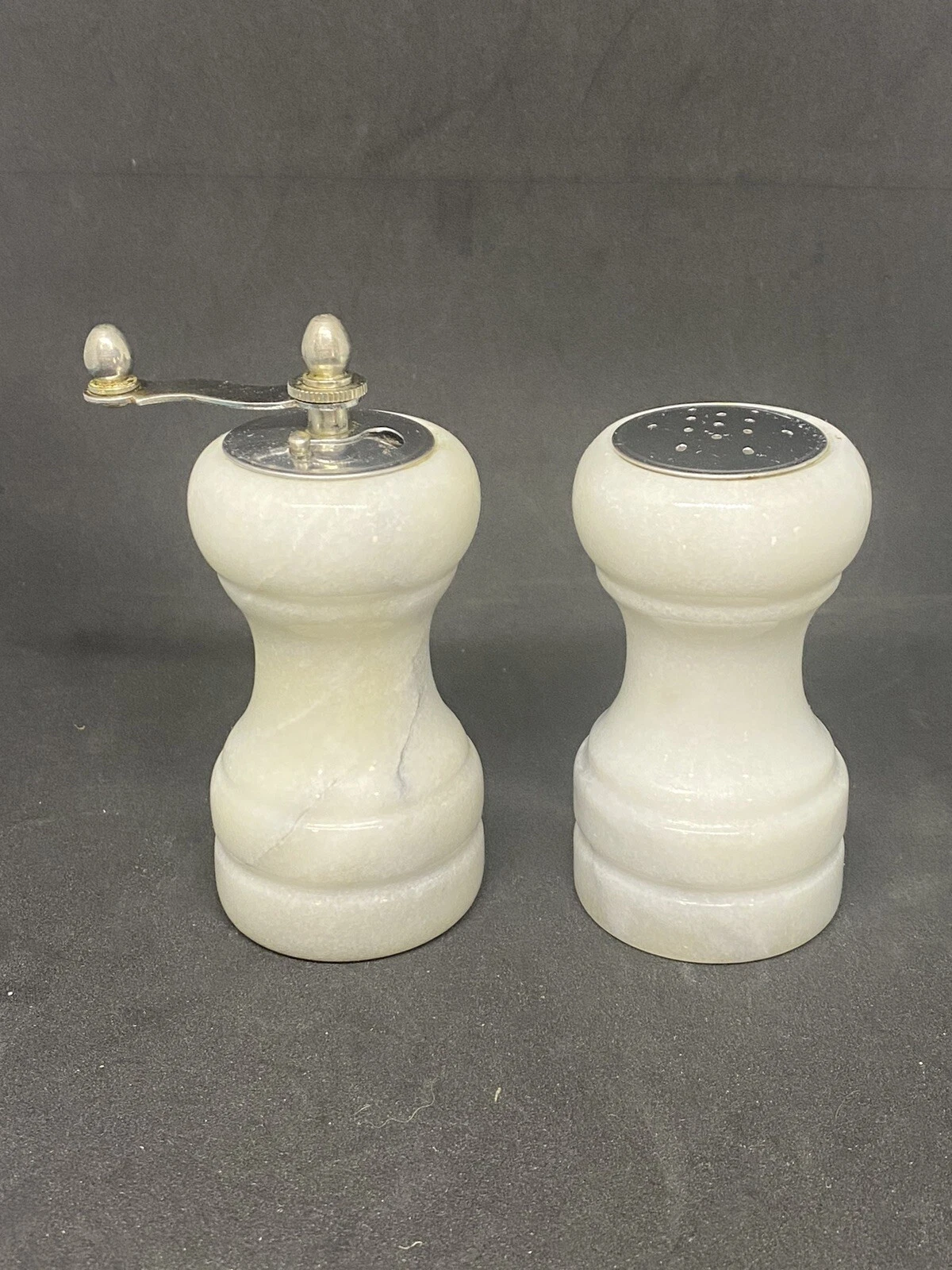 Vintage White & Grey Marble Stone Salt Shaker Pepper Grinder Spice With Stoppers