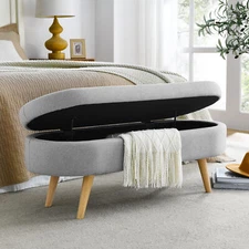 Oval Storage Bench 43.5" Linen Upholstered Ottoman Bench with Solid Wood Legs