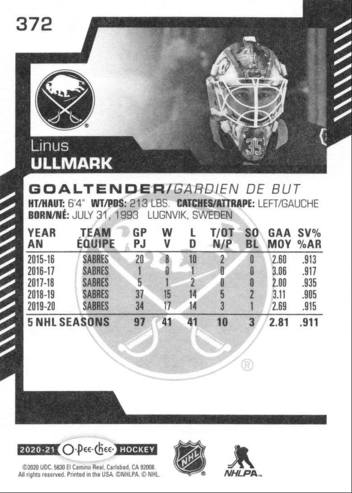 2020-21 O-Pee-Chee Linus Ullmark Buffalo Sabres #372 - Image 2 of 2