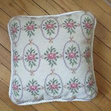 Accent Pillow Needlepoint Petit Point Floral Wool Victorian Decor Square 14x14"