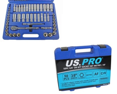 US PRO 50 Stck. 3/8'' Steckschlüsselsatz metrisch & AF Imperial flache tiefe Steckdosen 1370 Neu