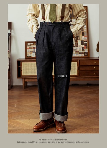 Mens Pleated Wid Leg Trousers Pleated Pants Denim Vintage Style Loose Cut Jeans - Picture 17 of 23
