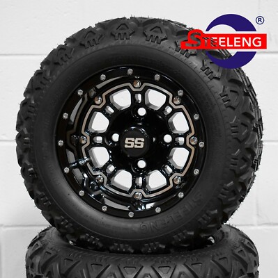 GOLF CART 10'' BLACK PANTHER WHEELS/RIMS and 18''x9''-10'' DOT ALL TERRAIN TIRES (4)