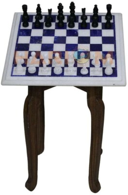 12'' Marble Chess Table Top Lapis Inlaid With 2'' Pieces & 15'' Wooden Stand W537
