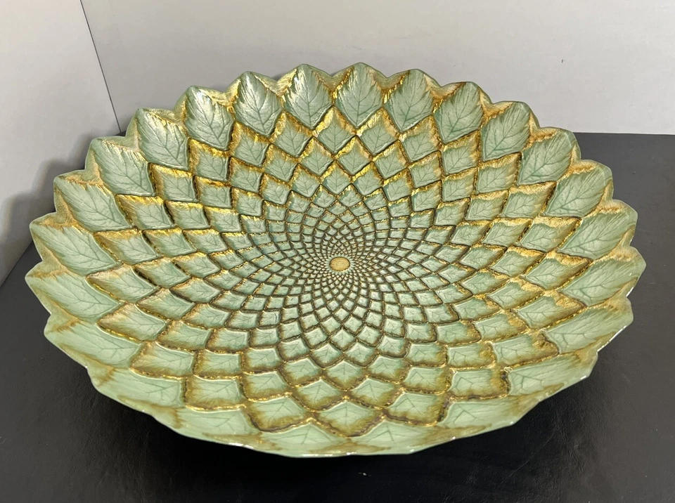 Tigela Grande de Vidro Vintage Arda 15 1/2" Pier 1 Importações Turquia Verde e Ouro - Imagem 2 de 4