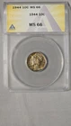 1944 Mercury Dime Graded by ANACS MS66 with Toning.