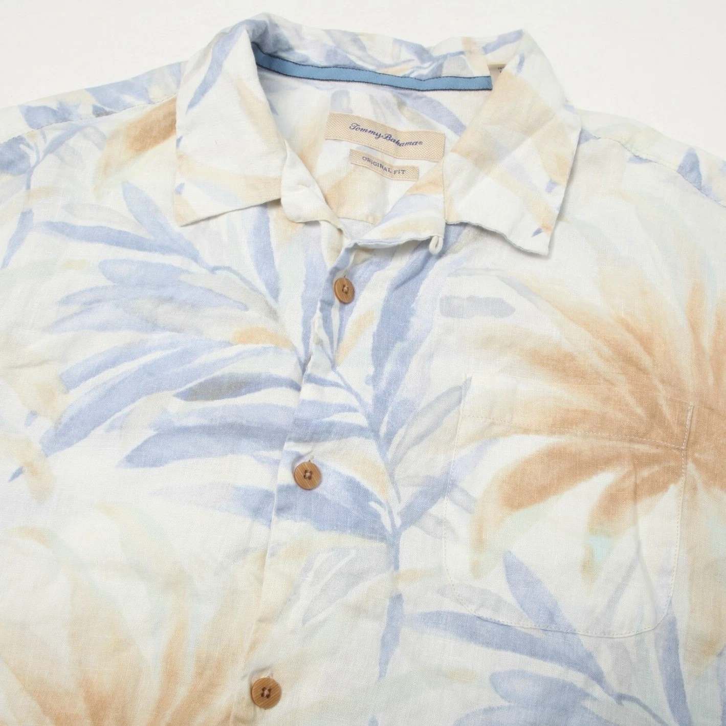 Tommy Bahama Shirt Mens XL Blue Tan Tropical Palm Leaf Linen Loop Collar