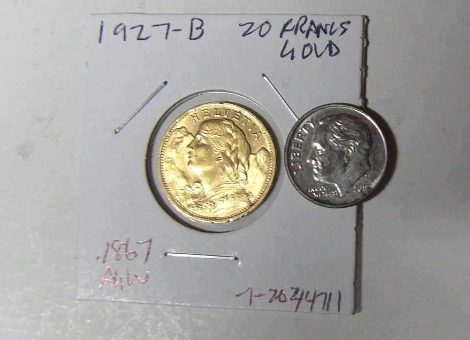 Helvetia de oro suizo de 20 francos 1927-B estado BU 0,1867 OZ de oro puro AGW Foto 3 de 3