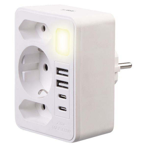 Revolt 8In1-Mehrfach-Steckdosen-Adapter Mit USB-C/A, Nachtlicht, 3.680 Watt-image