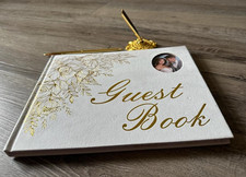 Event Guest Book - White w/Gold Trim Floral Theme. Gold Stand and Pen - New