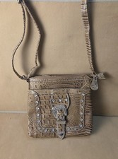 Western Rhinestone Buckle Croc Embossed Crossbody Purse Brown Studded