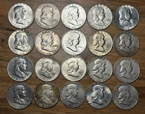 Roll Of 20 Franklin Silver Half Dollars - Dates From 40s, 50s, 60s - Many BU