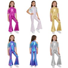 Girls Jumpsuit Bell-Bottom Bodysuit Shiny Leotard Theme Dancewear Overalls Jazz