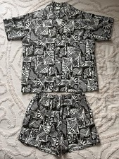 Vintage SET 60s 70s Sears Kings Road Hawaiian Barkcloth Button Shirt Shorts M-L