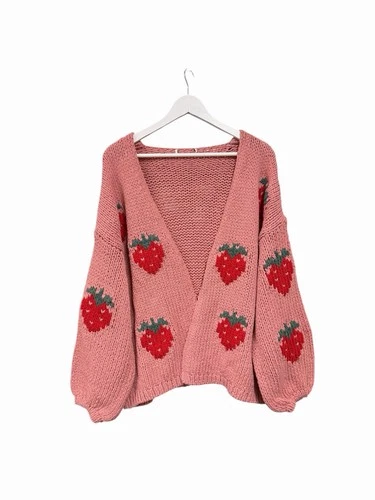 Next Strawberry Cardigan Chunky Pink RRP £48 Size L 16 18 Cotton Oversize Thick