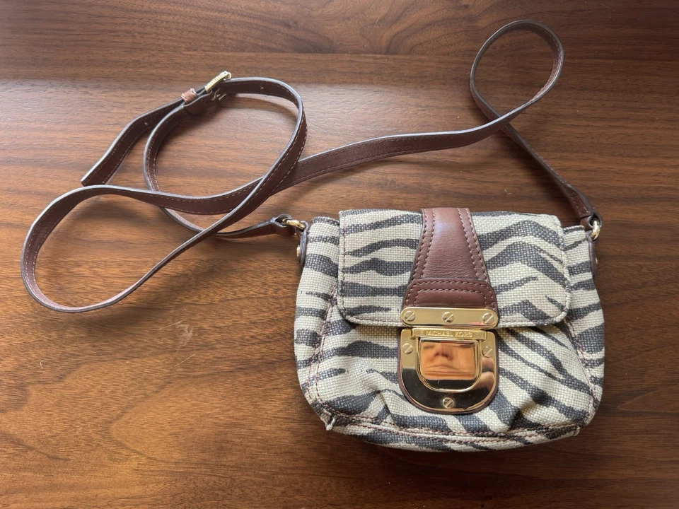 Michael Kors Zebra Gold Canvas Brown Leather Adjustable Cross Body Purse Bag