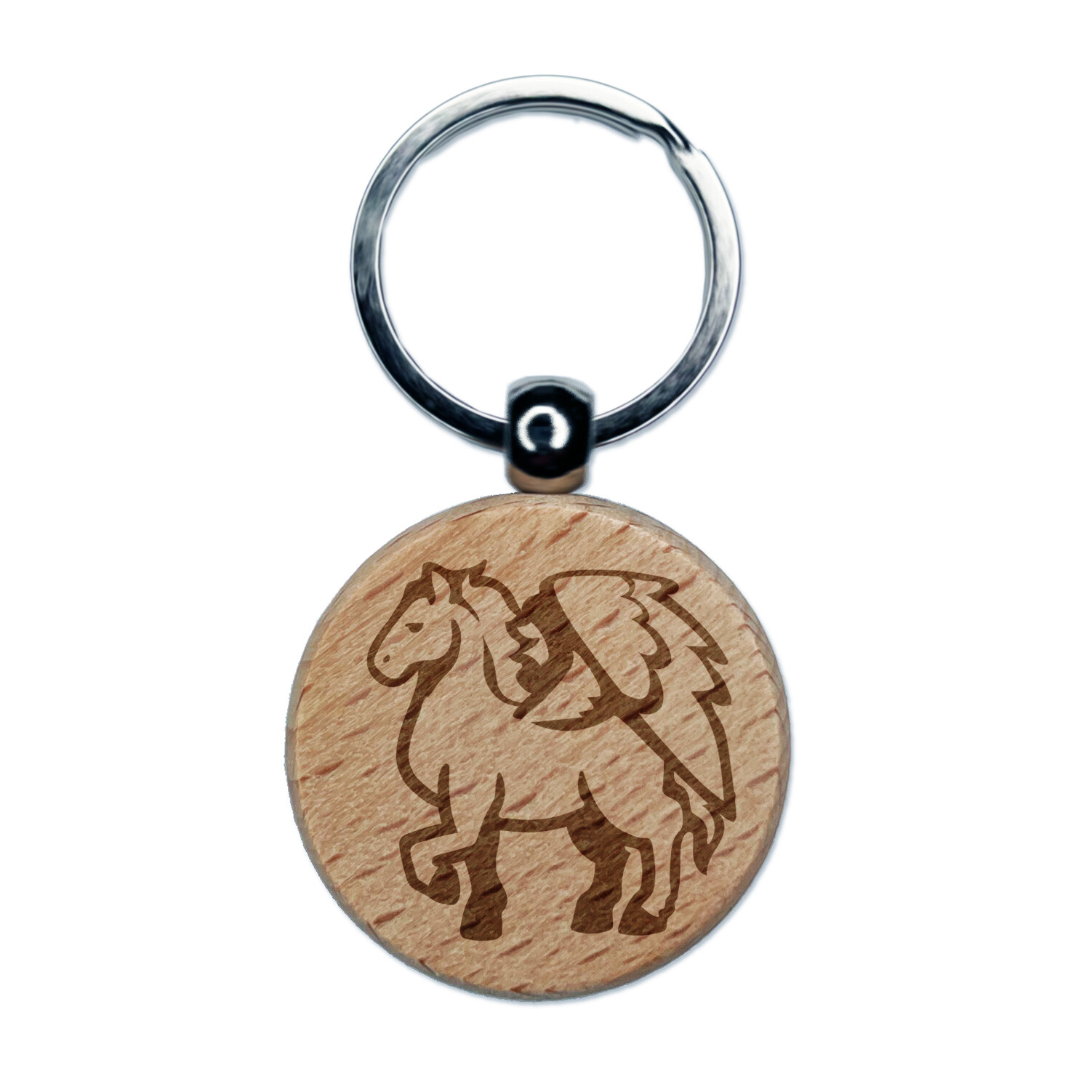 Mythical Winged Horse Pegasus Engraved Wood Round Keychain Tag Charm