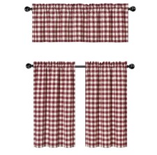 Wine Red White Country Checkered Plaid Kitchen Tier Curtain Valance Set