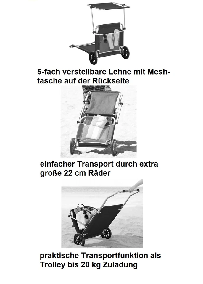 STRANDLIEGE mit Rollen mobile Sonnenliege klappbar Gartenliege Transport Liege - Bild 4 von 4