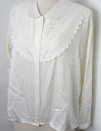 Vintage 60s Blouse Rounded Scalloped Yolk Button Up Size L Ivory Collared Modest - Picture 2 of 4