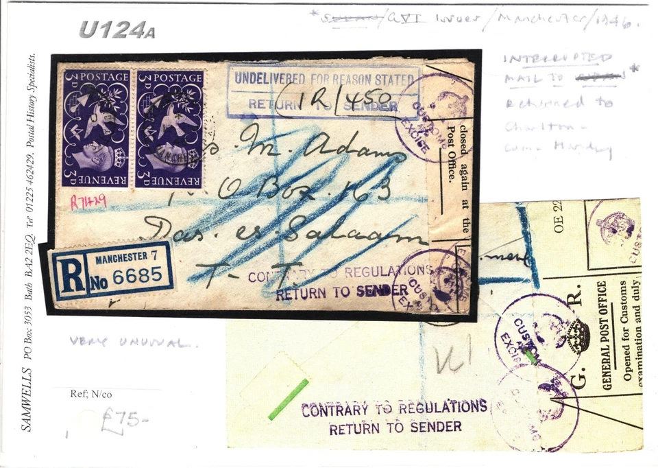 GB KUT RETOUR Cubierta Manchester Registrada Interrumpida Dar-es-Salaam 1946 U124a Foto 3 de 4