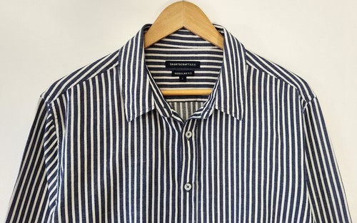 SPORTSCRAFT MAN Size L Denim Blue & White Stripe Linen Blend Shirt - Picture 4 of 6