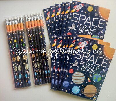 12 SPACE A6 Puzzle Books & 12 SPACE PENCILS BOYS Kids Party Bag Fillers