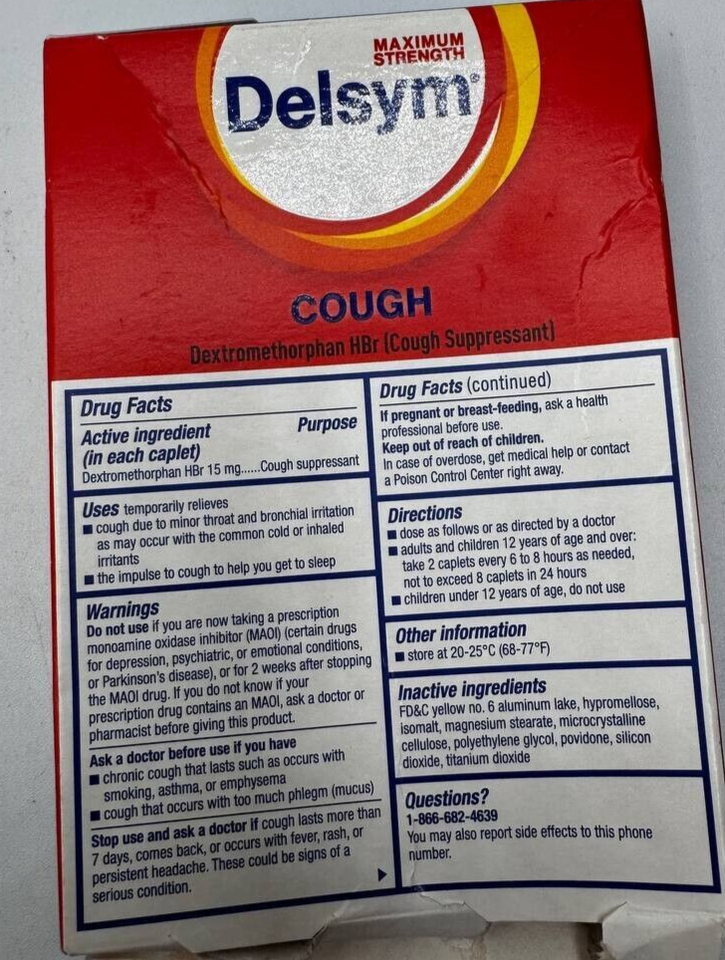 Delsym Maximum Strength Cough Fast Release 15 mg 20 Caplets, EXP 05/25