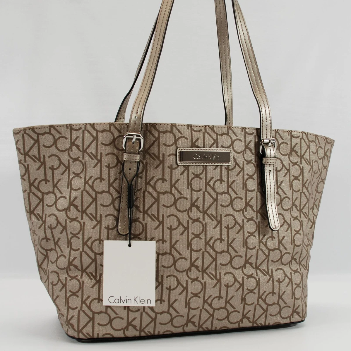 CALVIN KLEIN AUTHENTIC METALLIC TAUPE SIGNATURE TOTE BAG HANDBAG