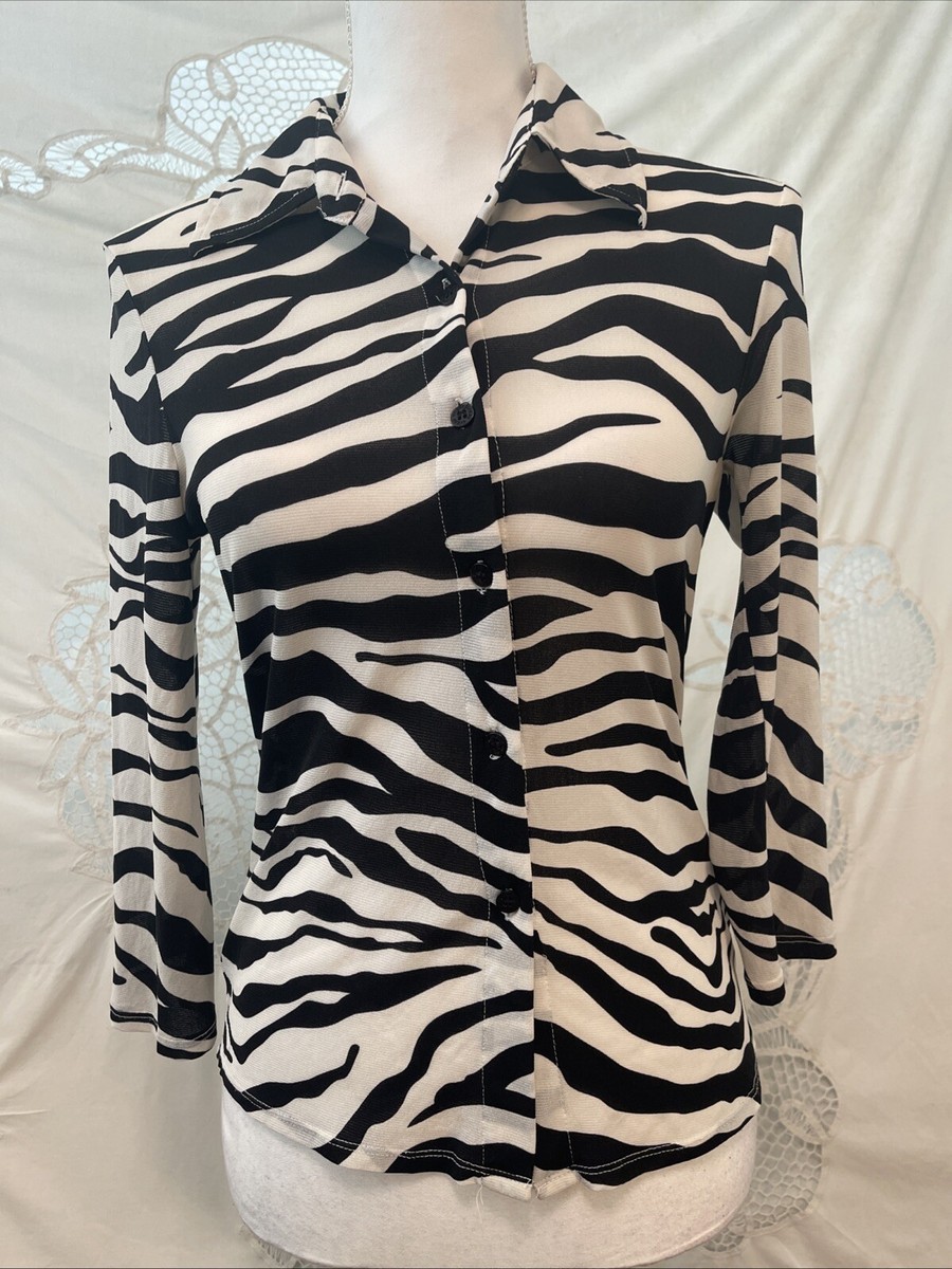 VTG 90s 2000s Y2K GUESS Zebra Animal Print Micro Mesh Sheer Shirt 
