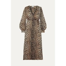 New NWT GANNI Leopard print silk wrap dress long sleeve black SZ FR 38 - US 6