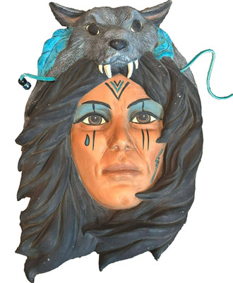 Vintage Native American Spirit Mask 3D Ceramic Wall Hanging Wolf Head Sculpture
