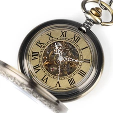 Vintage Automatic Mechanical Pocket Watch Roman Numerals Skeleton Dial w/ Chain